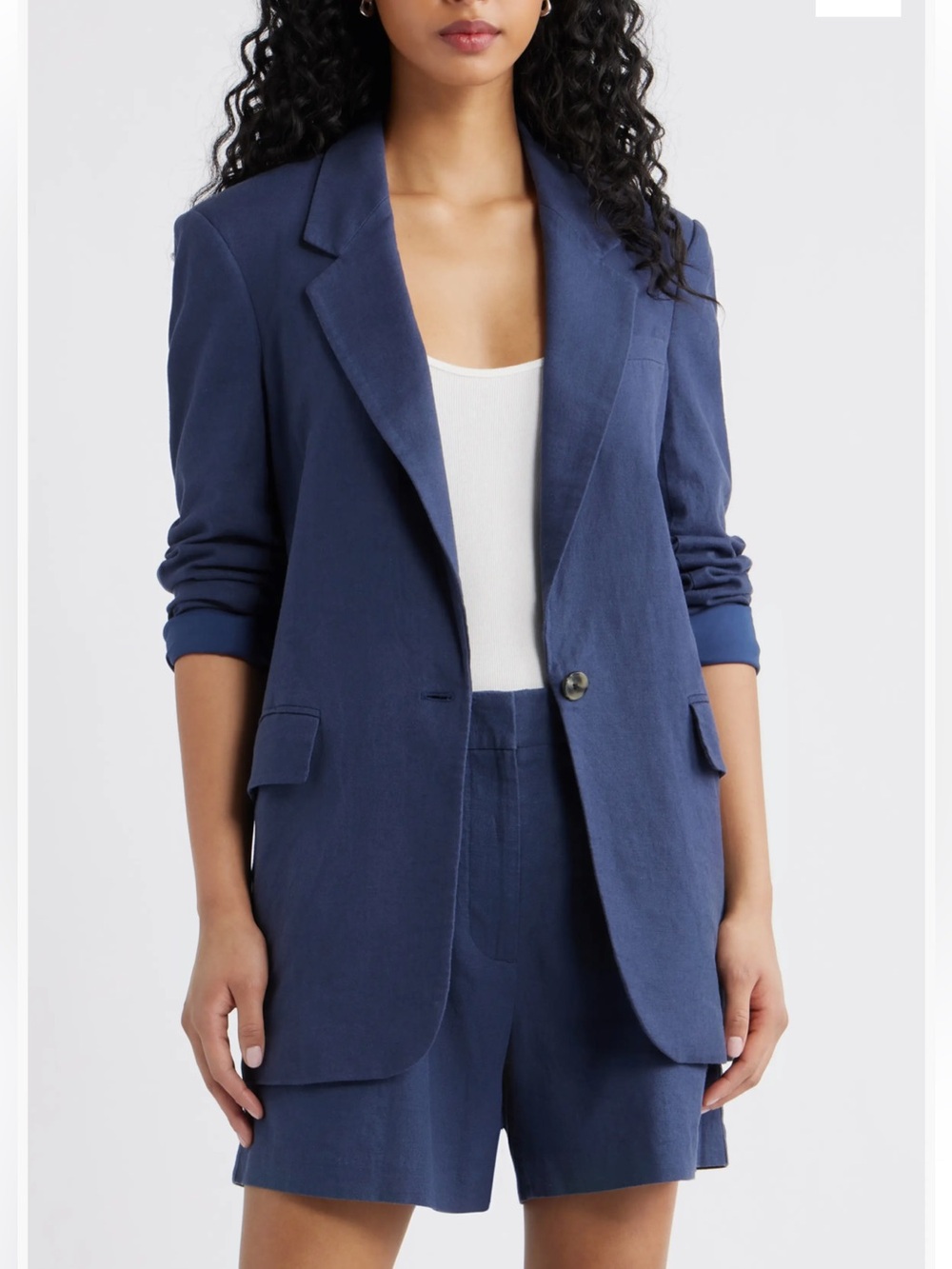 Open Edit $99 Everyday Linen Blend Navy Single-Button Blazer Jacket